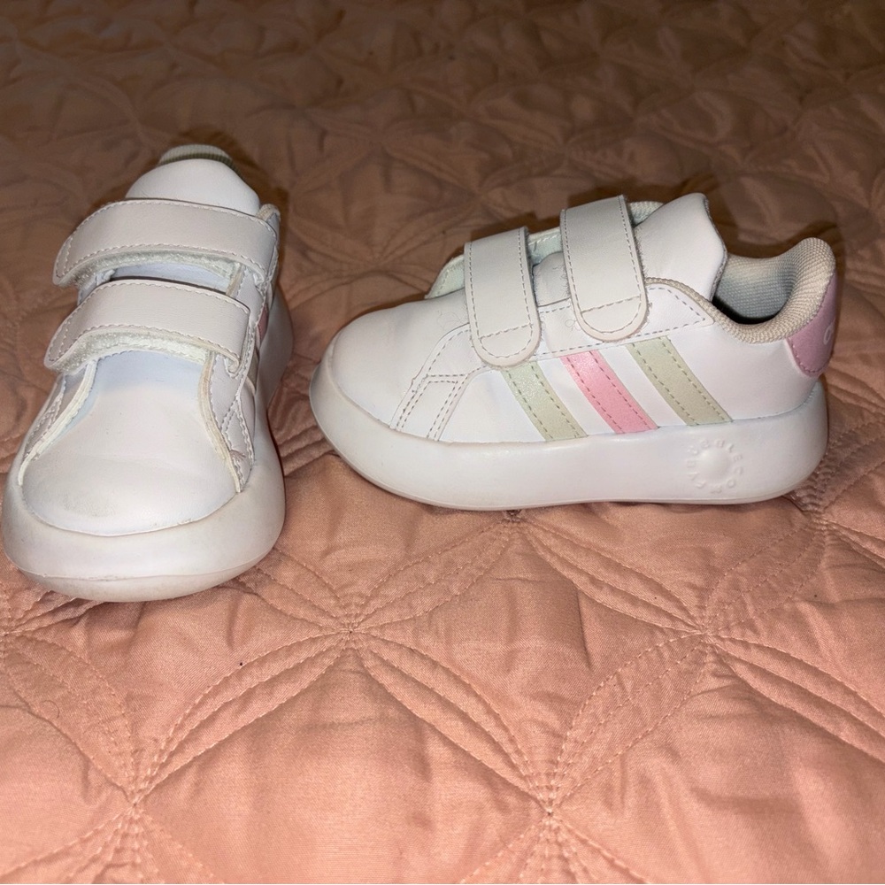 White Kids Sneakers with Pink and Cream Stripes - Velcro Closure